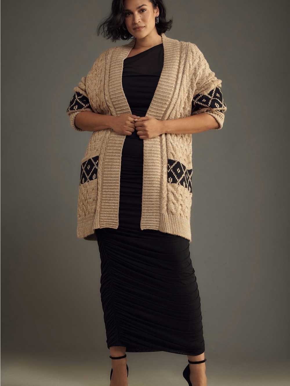 Anthropologie Beige Open-Front Cable Cardigan with Black Diamond Accents